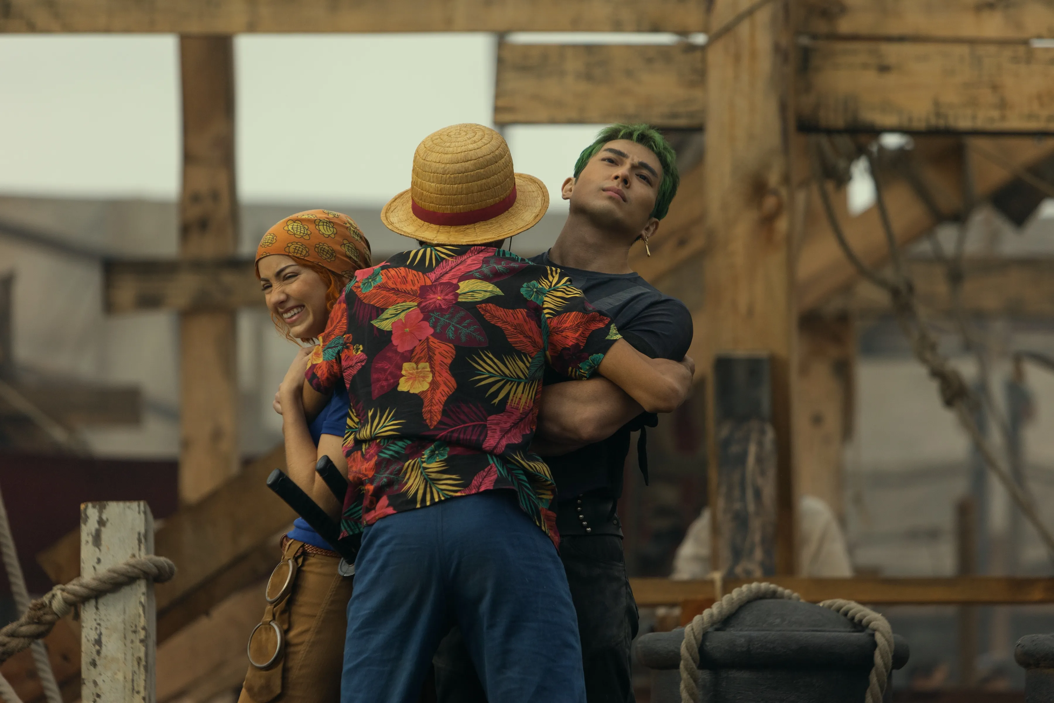 ゴーイング・メリー号との出会いの喜びを仲間と分かち合うルフィ